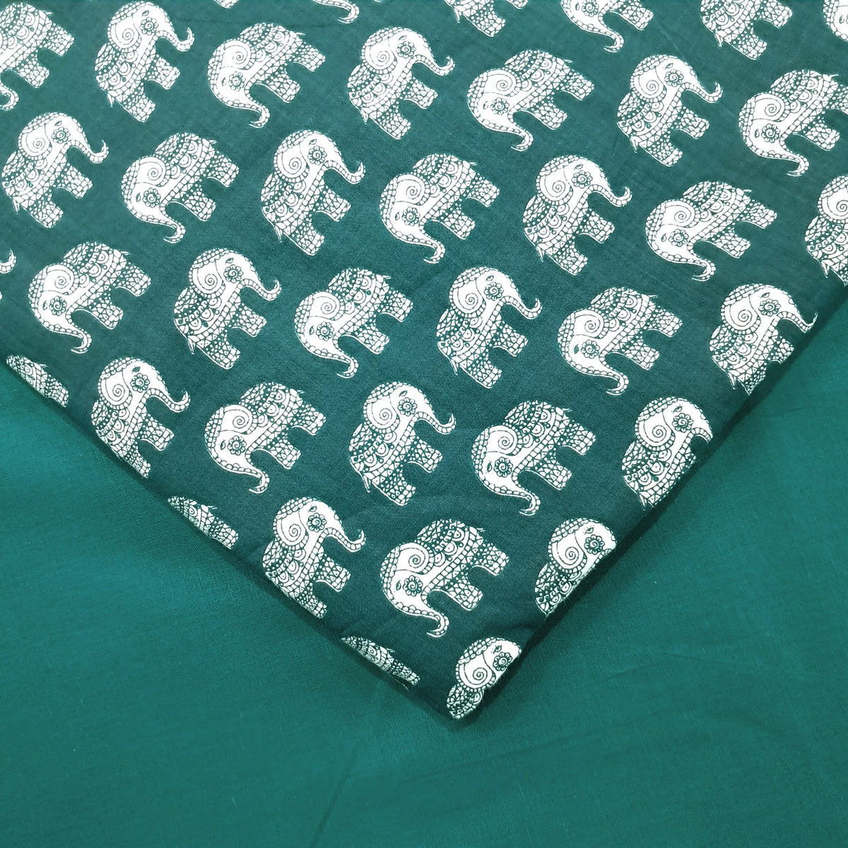 Gajraj Digitally Printed Cotton Fabric with Sea Green Elephant Motifs