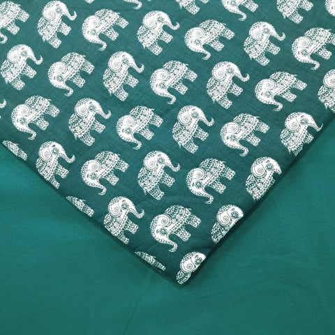 Gajraj Digitally Printed Cotton Fabric with Sea Green Elephant Motifs