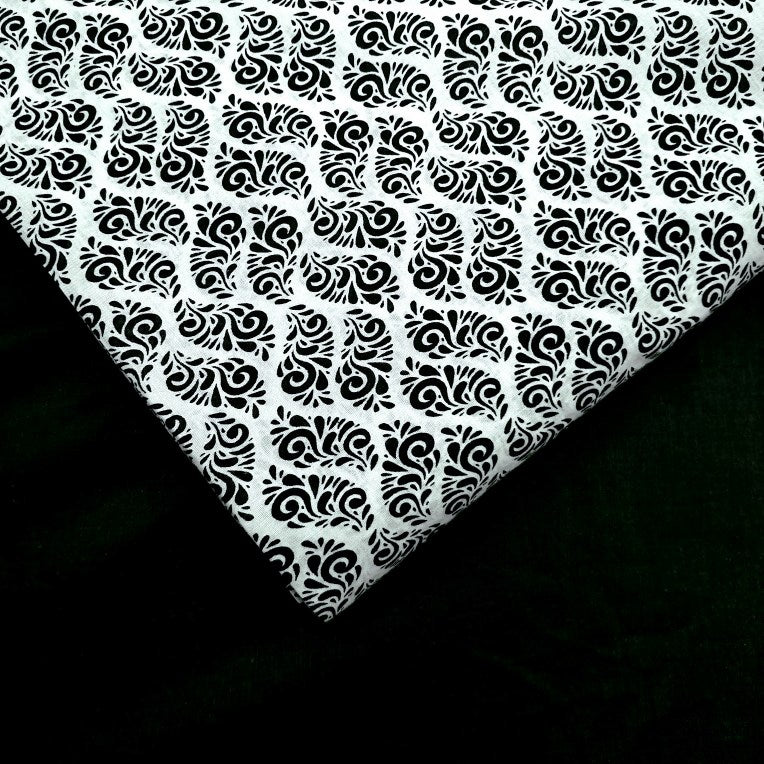 Warli - Digitally Printed Cotton Fabric with Floral motif on White Base