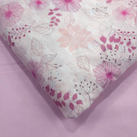 Digitally Printed Pastel Pink Floral Mal Cotton Fabric on white Base