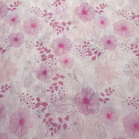 Digitally Printed Pastel Pink Floral Mal Cotton Fabric on white Base
