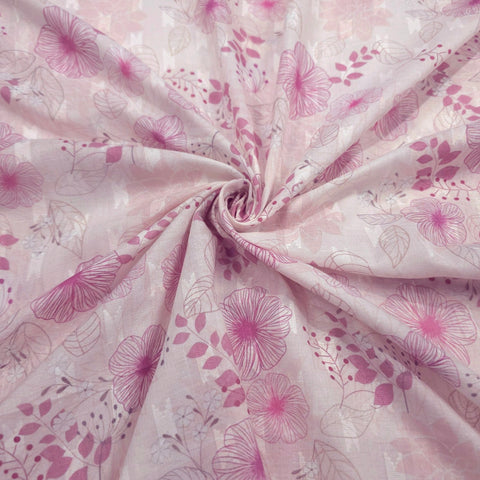Digitally Printed Pastel Pink Floral Mal Cotton Fabric on white Base