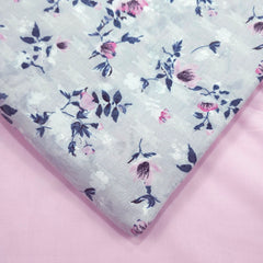 Digitally  Printed Light Gray Floral Mal Cotton Fabric on white Base