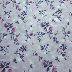 Digitally  Printed Light Gray Floral Mal Cotton Fabric on white Base