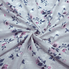 Digitally  Printed Light Gray Floral Mal Cotton Fabric on white Base