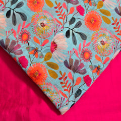 Digitally Printed Multicolor Floral Mal Cotton Fabric on Sky Blue Base
