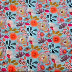 Digitally Printed Multicolor Floral Mal Cotton Fabric on Sky Blue Base