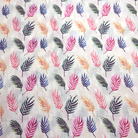 Digitally Printed Multicolor Fern Motif Mal Cotton Fabric on white Base
