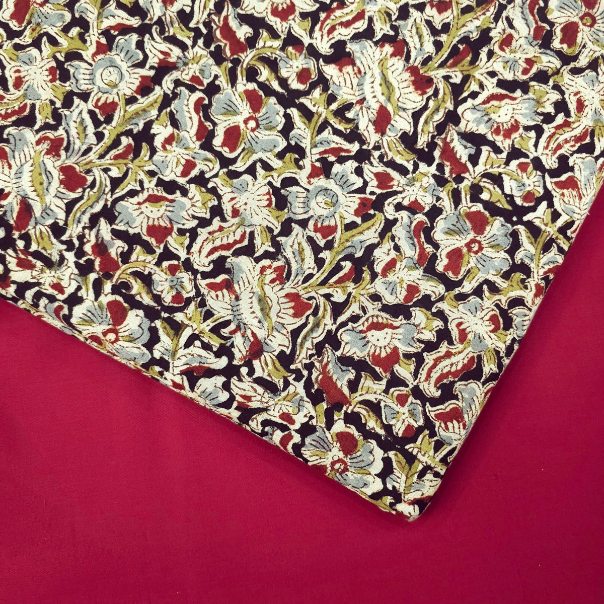 Chitralipi Kalamkari on Black Cotton Base with Floral Pattern Base