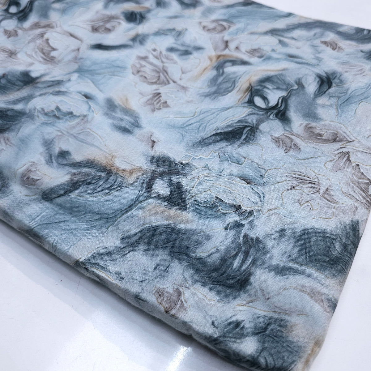 Abstarct Floral Print on Cotton Fabric in Shades of Blues, Grey & Brown