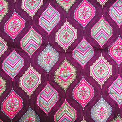 Multicolor Print on Purple Cotton Fabric