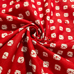 Printed Bandhani on Bright Red Cotton with Mirror Highlights