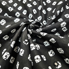 Printed Bandhani on Black Cotton with Mirror Highlights