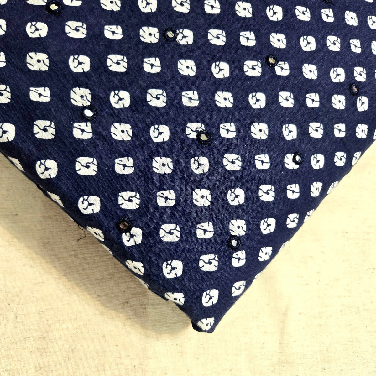 Printed Bandhani on Indigo Blue Cotton with Mirror Highlights