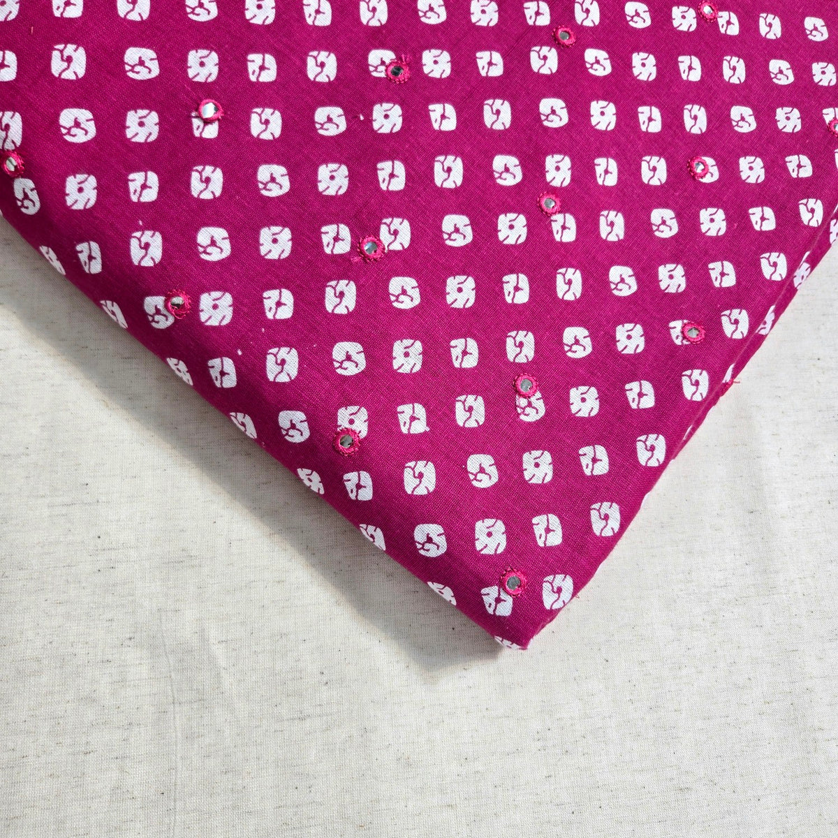 Printed Bandhani on Pink Cotton with Mirror Highlights