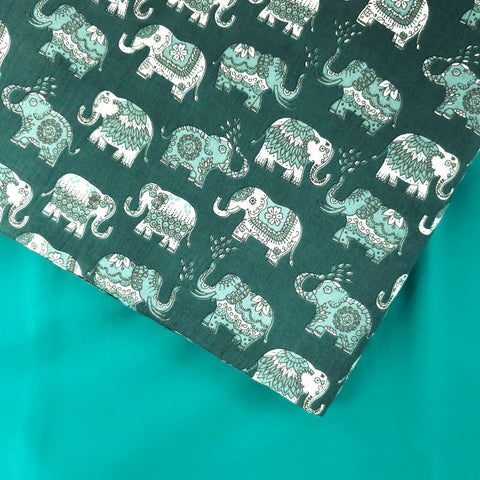 Gajraj Digitally  Printed Cotton Fabric with Castleton Green Elephant Motifs