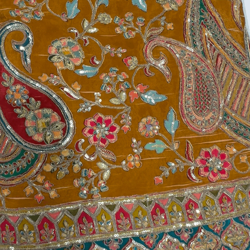 Mustard Crepe Fabric with Multicolor Embroidered & Paisley Border