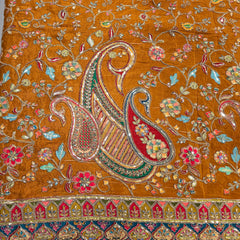 Mustard Crepe Fabric with Multicolor Embroidered & Paisley Border