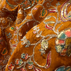 Mustard Crepe Fabric with Multicolor Embroidered & Paisley Border