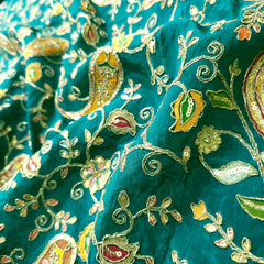 Teal Green Crepe Fabric with Multicolor Embroidered & Paisley Border