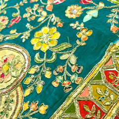 Teal Green Crepe Fabric with Multicolor Embroidered & Paisley Border