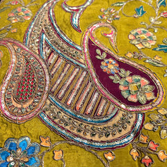 Moss Yellow Crepe Fabric with Multicolor Embroidered & Paisley Border