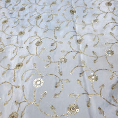 White Crepe Base Fabric with Golden Floral Sequin Embroidery with Mirror Highlights