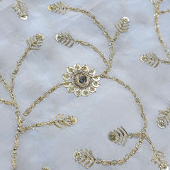 White Crepe Base Fabric with Golden Floral Sequin Embroidery with Mirror Highlights