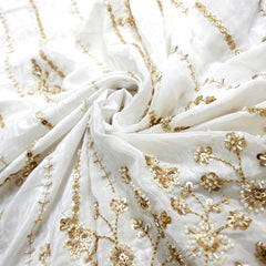 DYEABLE White Crepe Base Fabric with Golden Floral Zari, Cutdana, Sequin work with Border