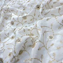 White Crepe Base Fabric with Golden Floral Sequin Embroidery with Mirror Highlights