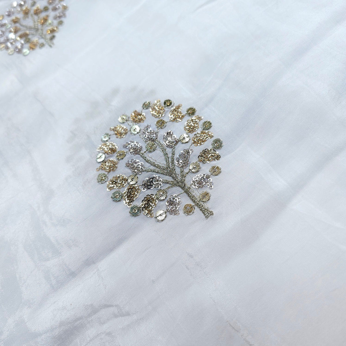 Dyeable Crepe Fabric with Gold Sequin & Zari work in Tree Motif