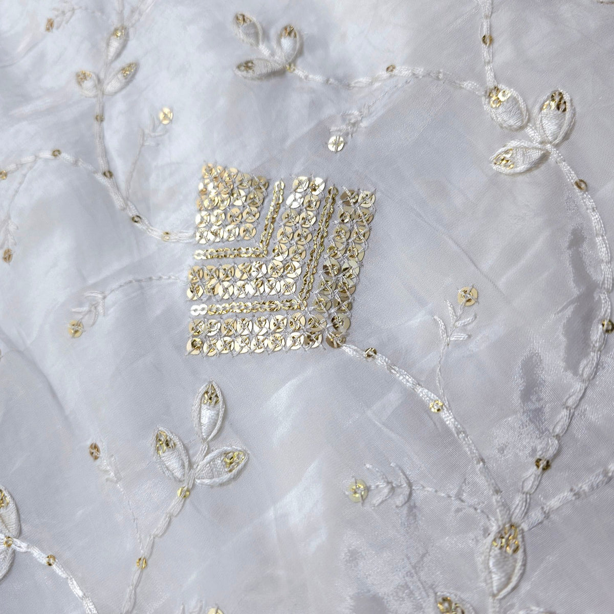 White Crepe Base Fabric with Golden Floral Sequin Embroidery