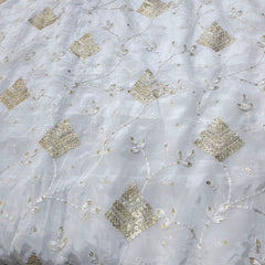 White Crepe Base Fabric with Golden Floral Sequin Embroidery