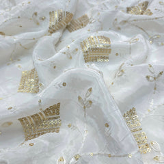 White Crepe Base Fabric with Golden Floral Sequin Embroidery