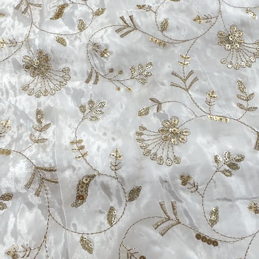 Dyeable Crepe Fabric with all over Floral Vine Pattern & Cutwork Net Border