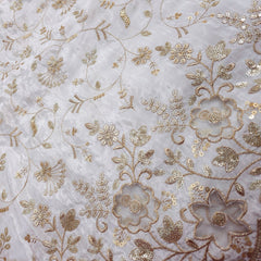 Dyeable Crepe Fabric with all over Floral Vine Pattern & Cutwork Net Border