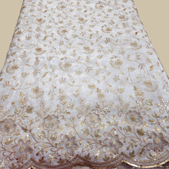 Dyeable Crepe Fabric with all over Floral Vine Pattern & Cutwork Net Border
