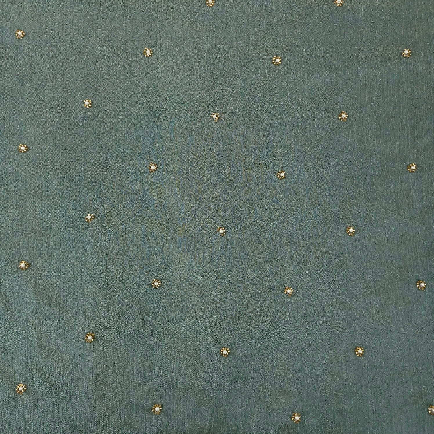 Crushed Tissue Two Tone Fabric with Pearl and Cutdana Work on Stone Green Color