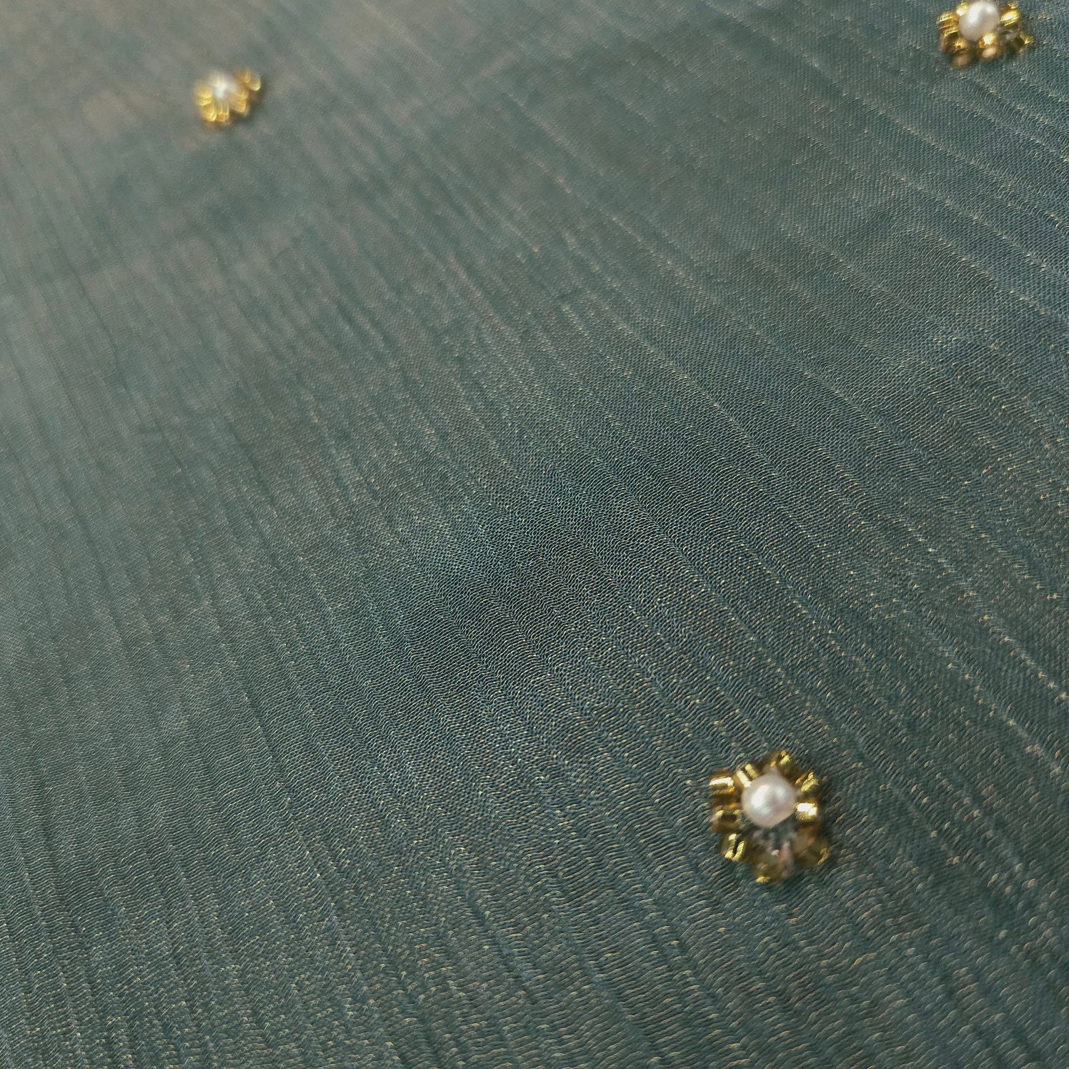Crushed Tissue Two Tone Fabric with Pearl and Cutdana Work on Stone Green Color