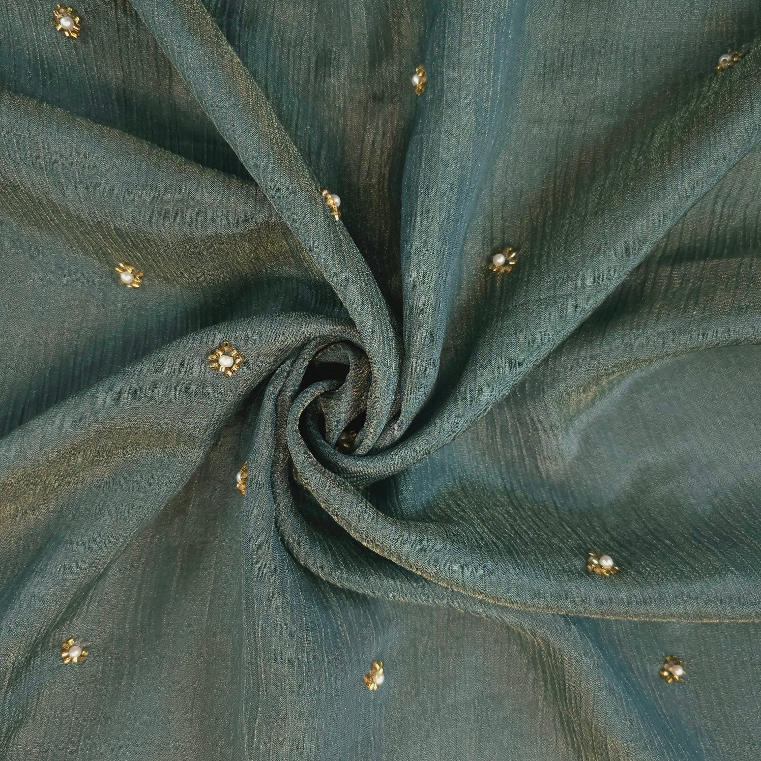 Crushed Tissue Two Tone Fabric with Pearl and Cutdana Work on Stone Green Color