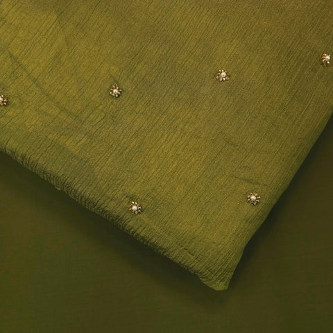 Crushed Tissue Two Tone Fabric with Pearl and Cutdana Work on Olive Green Base