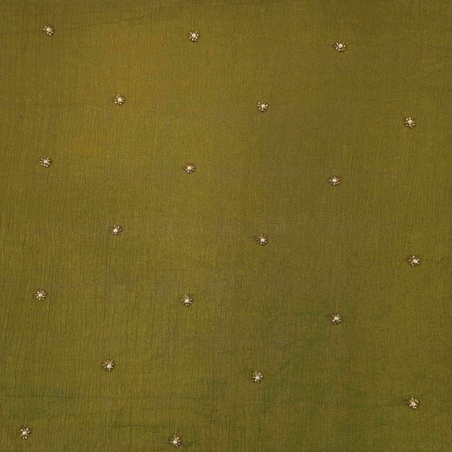 Crushed Tissue Two Tone Fabric with Pearl and Cutdana Work on Olive Green Base
