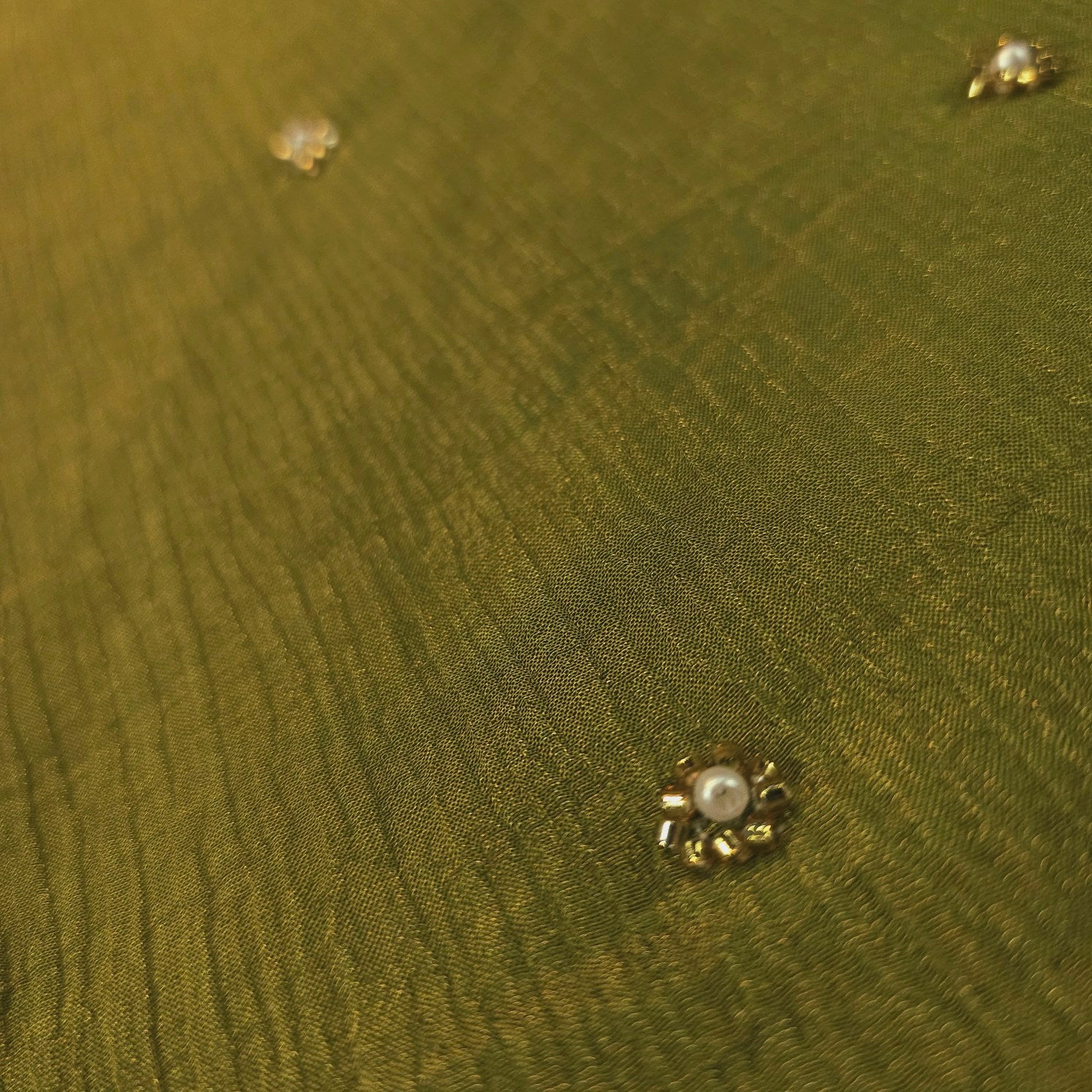 Crushed Tissue Two Tone Fabric with Pearl and Cutdana Work on Olive Green Base