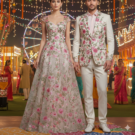 Floral Embroidered Net Fabric in Shades of Hot Pink, Peach & Red 1024