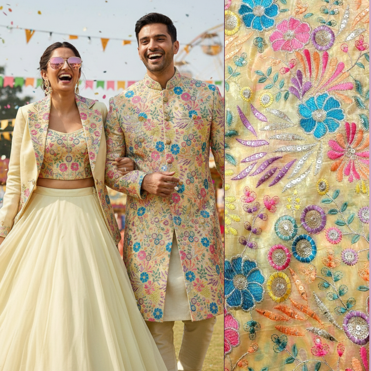 Pastel Shades Resham work on Beige Soft Organza with Sequin Highlights