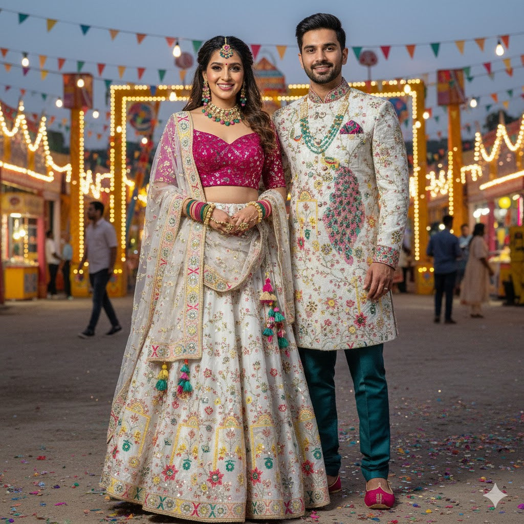 DYEABLE Crepe Fabric with Multicolor Peacock Cutdana, Sequin work with Border