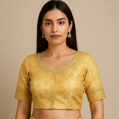 Zardana Bold Yellow Pink Banaras Brocade Blouse with Zari work and Round Neckline
