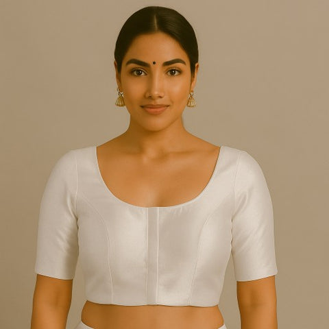 Zareen Brocade Tissue Silver-Color Blouse with Round Neckline