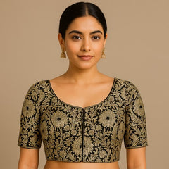 Mizaj Black Brocade Half Sleeves Blouse with Round Neckline