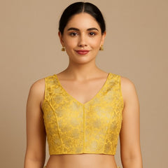 Rajsi Lemon Yellow Floral  Banaras Brocade Blouse with V Neckline
